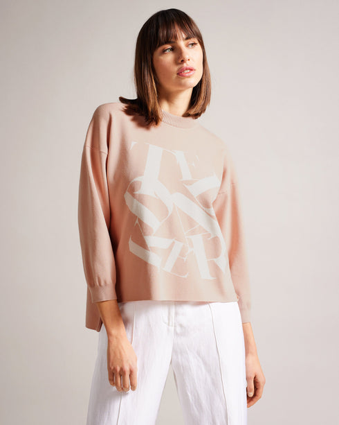 ELSSIAA-Knitwear-ELSSIAA is the perfect thing to throw on over a simple tee and jeans, or wear under a coat in cooler weather. The jumper has a boxy fit and ribbed trims, with a crew neckline and raw hemline to finish the look. Jumper Jacquard logo design Boxy fit Long sleeved Ribbed trims Raw hemline Crew neck Julia is 5'10" / 1.78m and wears Pink in a Ted size 1- Ted Baker Romania